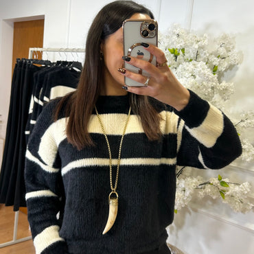 Camisola malha pelo fofo as riscas Preto e Branco