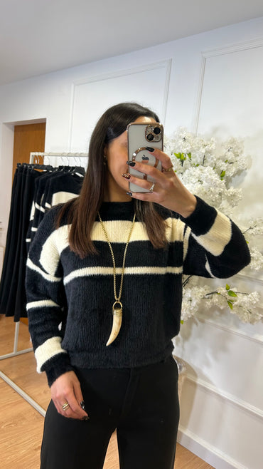 Camisola malha pelo fofo as riscas Preto e Branco