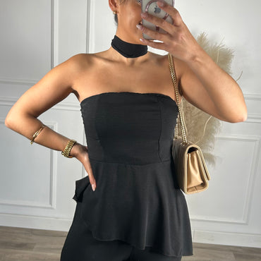 Conjunto Top Assimétrico + Pantalona Preto