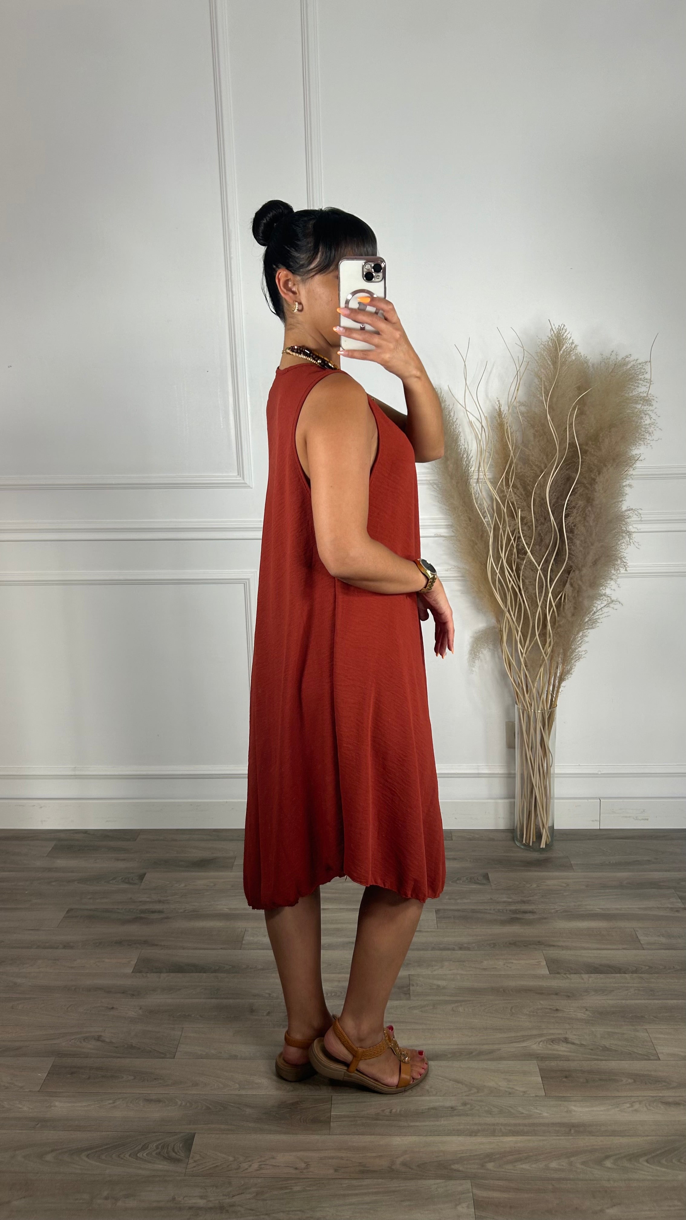 Vestido oversize de alças larga Midi Tijolo