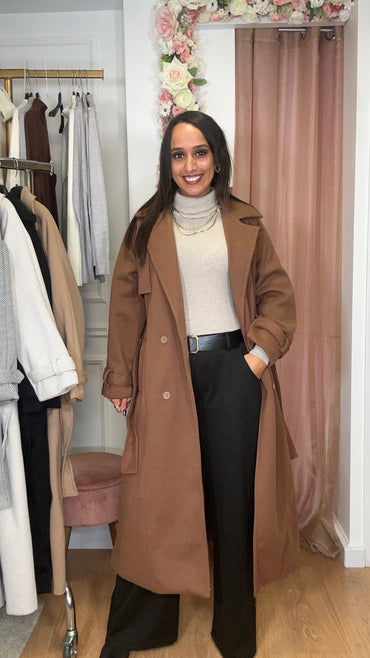 Casaco de Fazenda Comprido Texturado Castanho