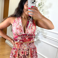 Conjunto Top + Saia com estampado em Bordo
