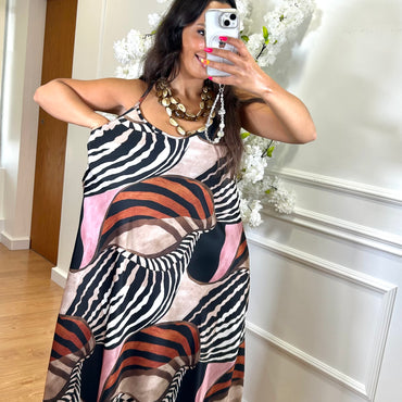 Vestido Acetinado Com Estampado tons de Preto