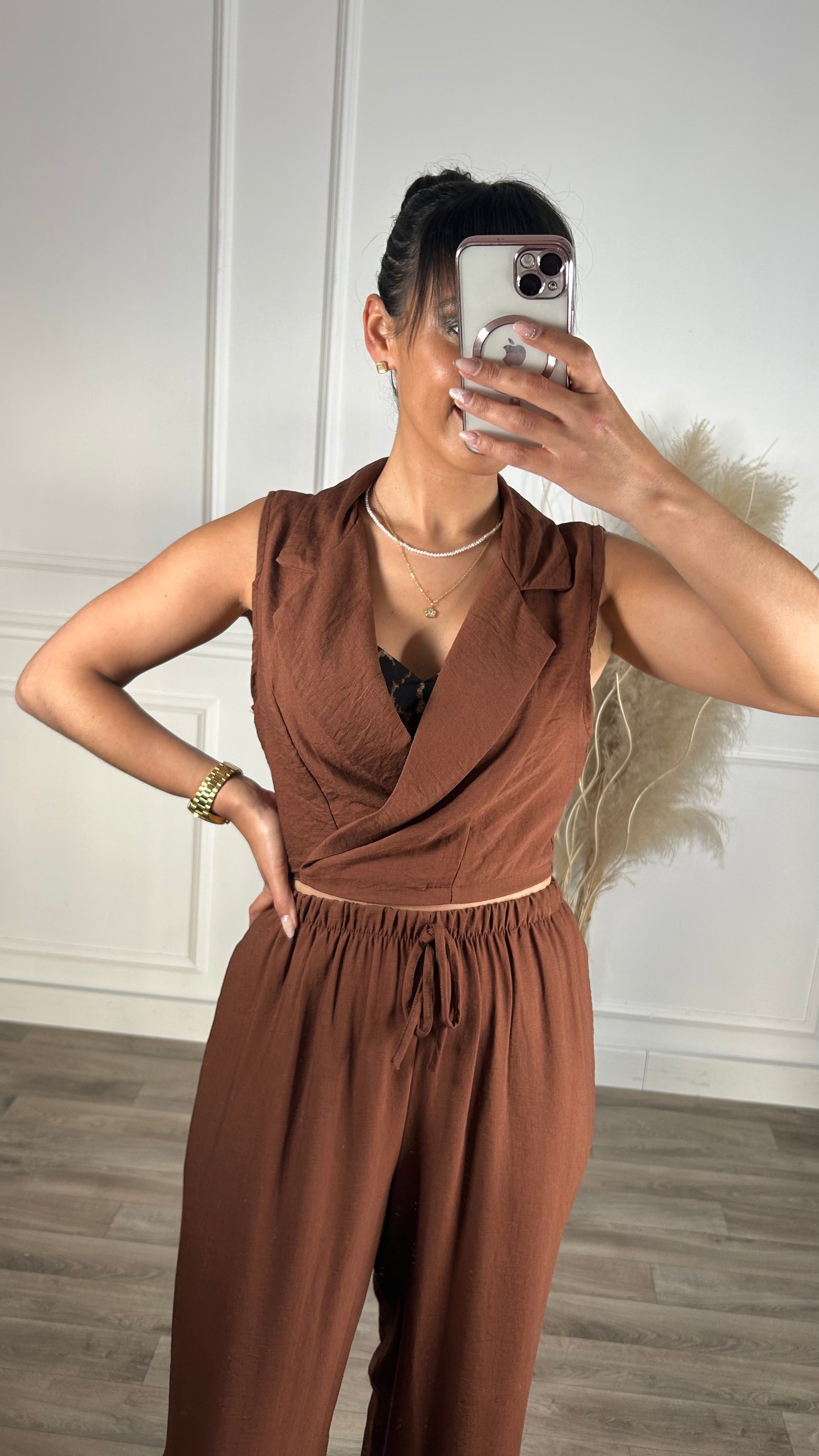 Conjunto colete de apertar + pantalona Chocolate