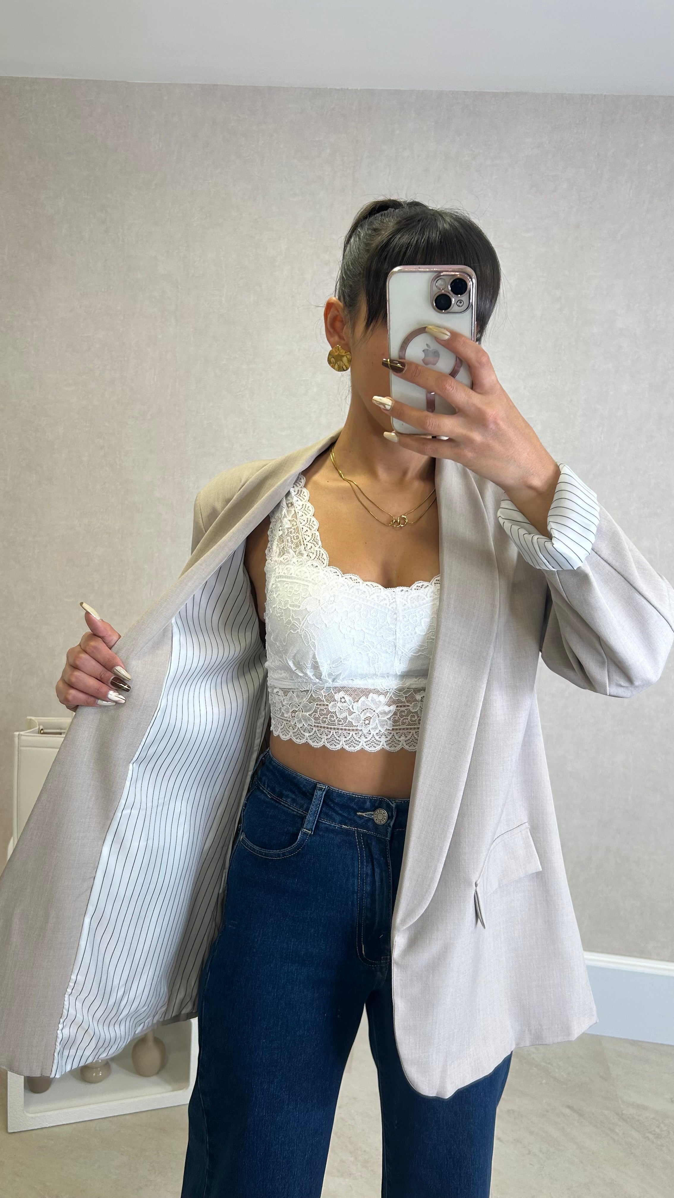 Blazer com Forro Listrado Bege