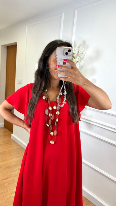 Vestido Midi oversize com folho na manga Vermelho