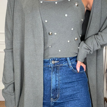Conjunto Top com brilhos + Casaco Verde Seco
