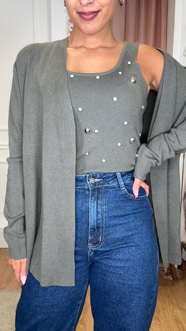Conjunto Top com brilhos + Casaco Verde Seco