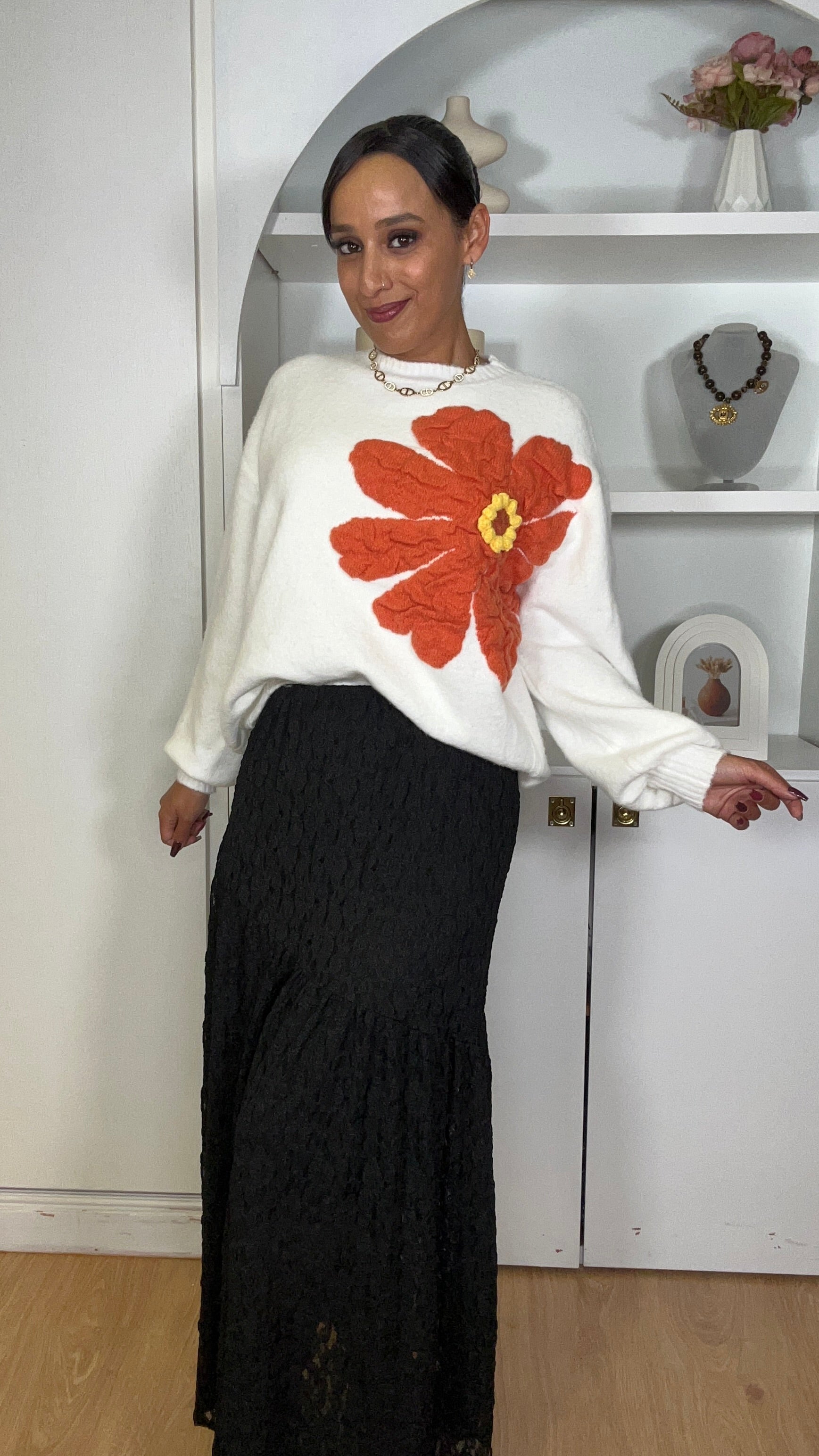 Camisola malha com flor em Branco