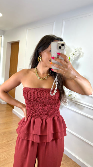 Conjunto top repuxado + Pantalona Tijolo