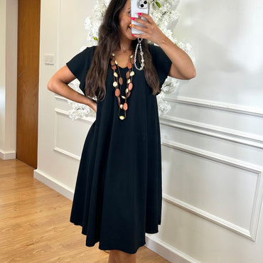 Vestido Midi oversize com folho na manga Preto