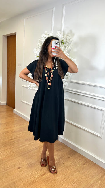 Vestido Midi oversize com folho na manga Preto
