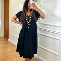 Vestido Midi oversize com folho na manga Preto