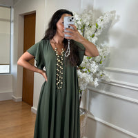 Vestido oversize com folho na manga em Verde Tropa