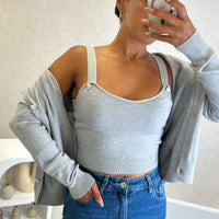 Conjunto Cardigan com perolas+ Top Cinza