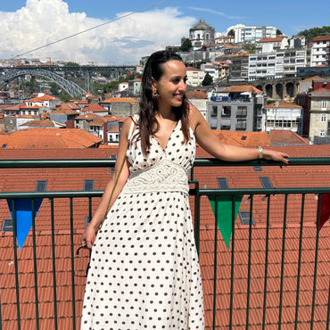Vestido Bolinhas com Crochet Bege