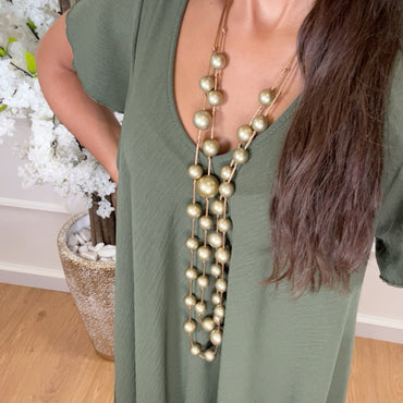 Vestido oversize com folho na manga em Verde Tropa