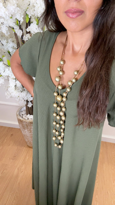 Vestido oversize com folho na manga em Verde Tropa