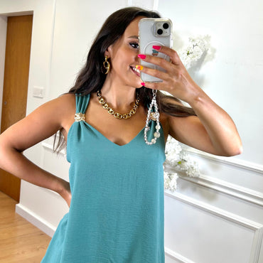 Conjunto blusa detalhes dourados + Pantalona em Menta