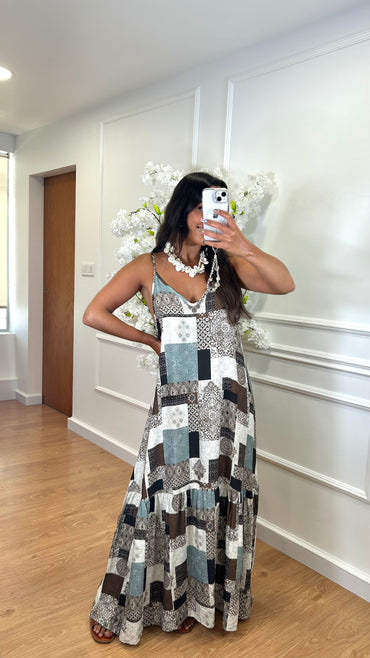 Vestido de Alças Estampado turquesa e Castanho
