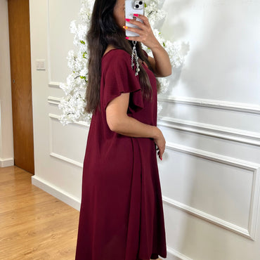 Vestido Midi oversize com folho na manga Bordo