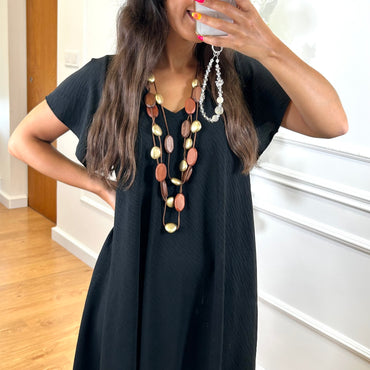 Vestido Midi oversize com folho na manga Preto