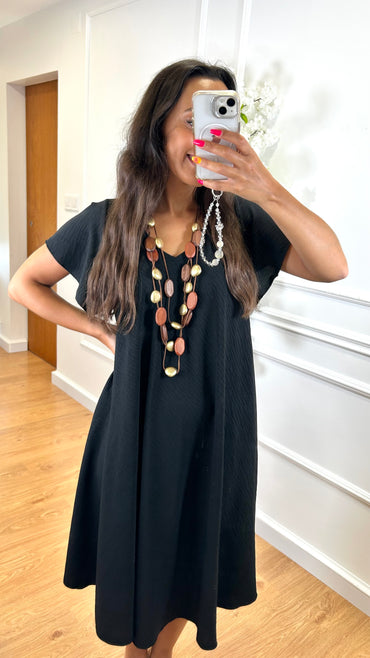 Vestido Midi oversize com folho na manga Preto