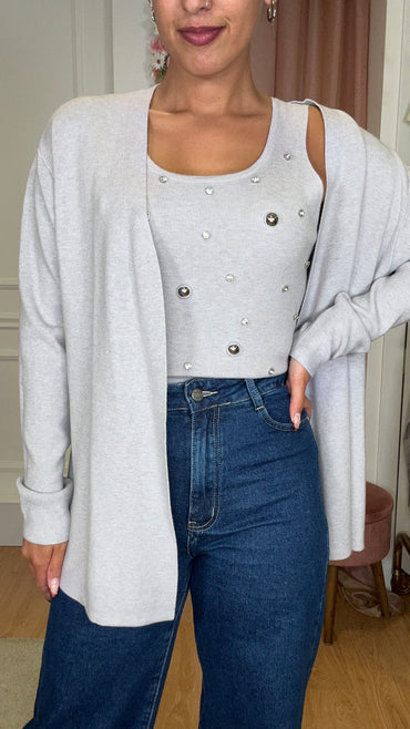Conjunto Top com brilhos + Casaco Cinza