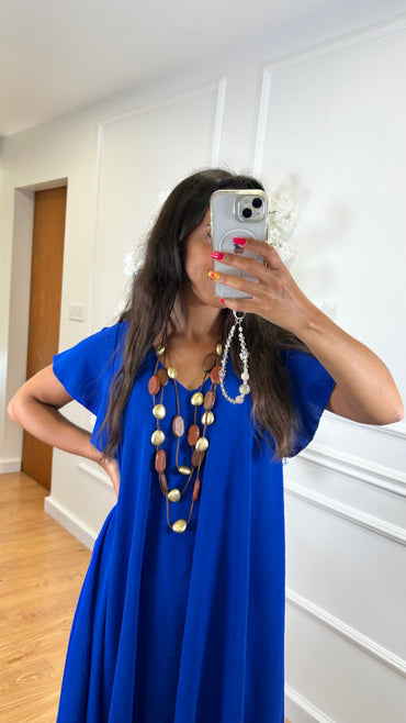 Vestido Midi oversize com folho na manga Azulão