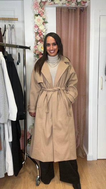 Casaco de Fazenda Comprido Texturado Camel