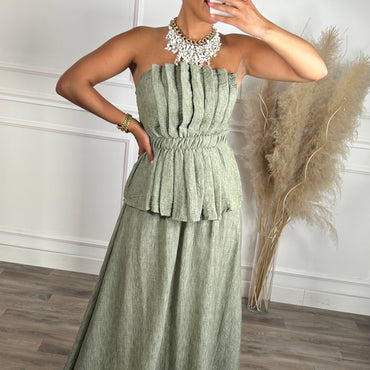 Conjunto saia + top repuxado verde seco