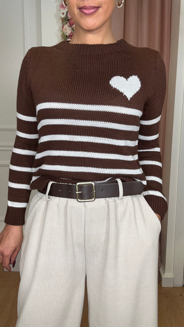 Camisola malha com Coração em Castanho