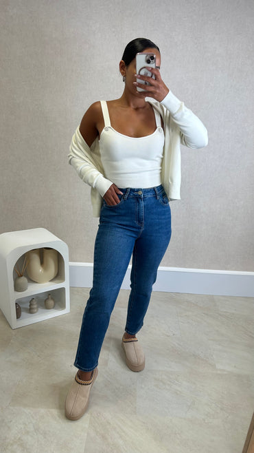 Conjunto Cardigan com perolas+ Top Branco