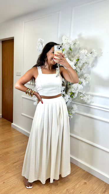 Conjunto Top + Saia comprida em Bege Perola