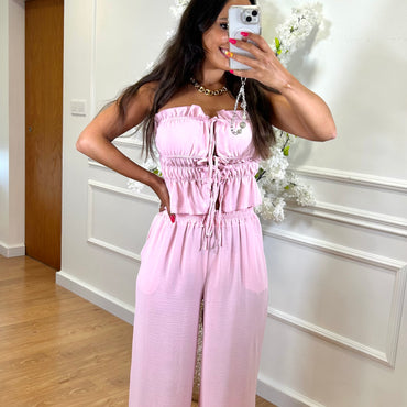 Conjunto top com laço + Pantalona Rosa