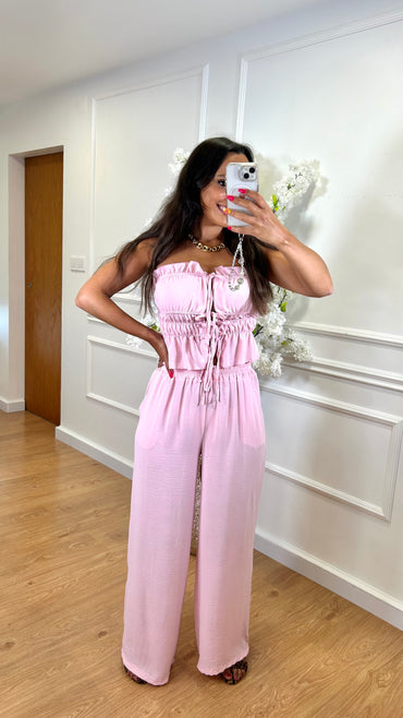 Conjunto top com laço + Pantalona Rosa