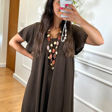 Vestido Midi oversize com folho na manga Castanho