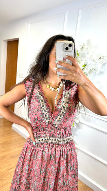 Vestido Indiano Estampado Rosa