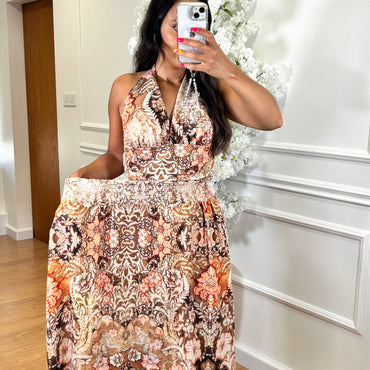 Conjunto Top + Saia com estampado em Laranja
