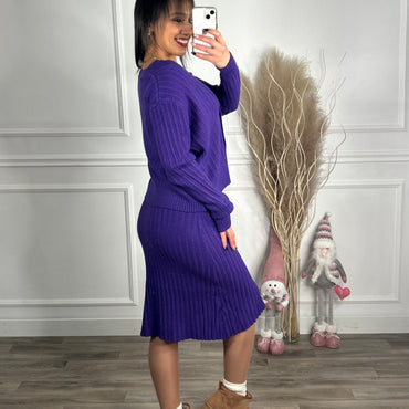 Conjunto cardigan + vestido roxo