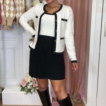 Conjunto Cardigan + Top 2 cores Branco com Preto