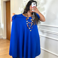 Vestido Midi oversize com folho na manga Azulão
