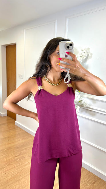 Conjunto blusa detalhes dourados + Pantalona em Berinjela