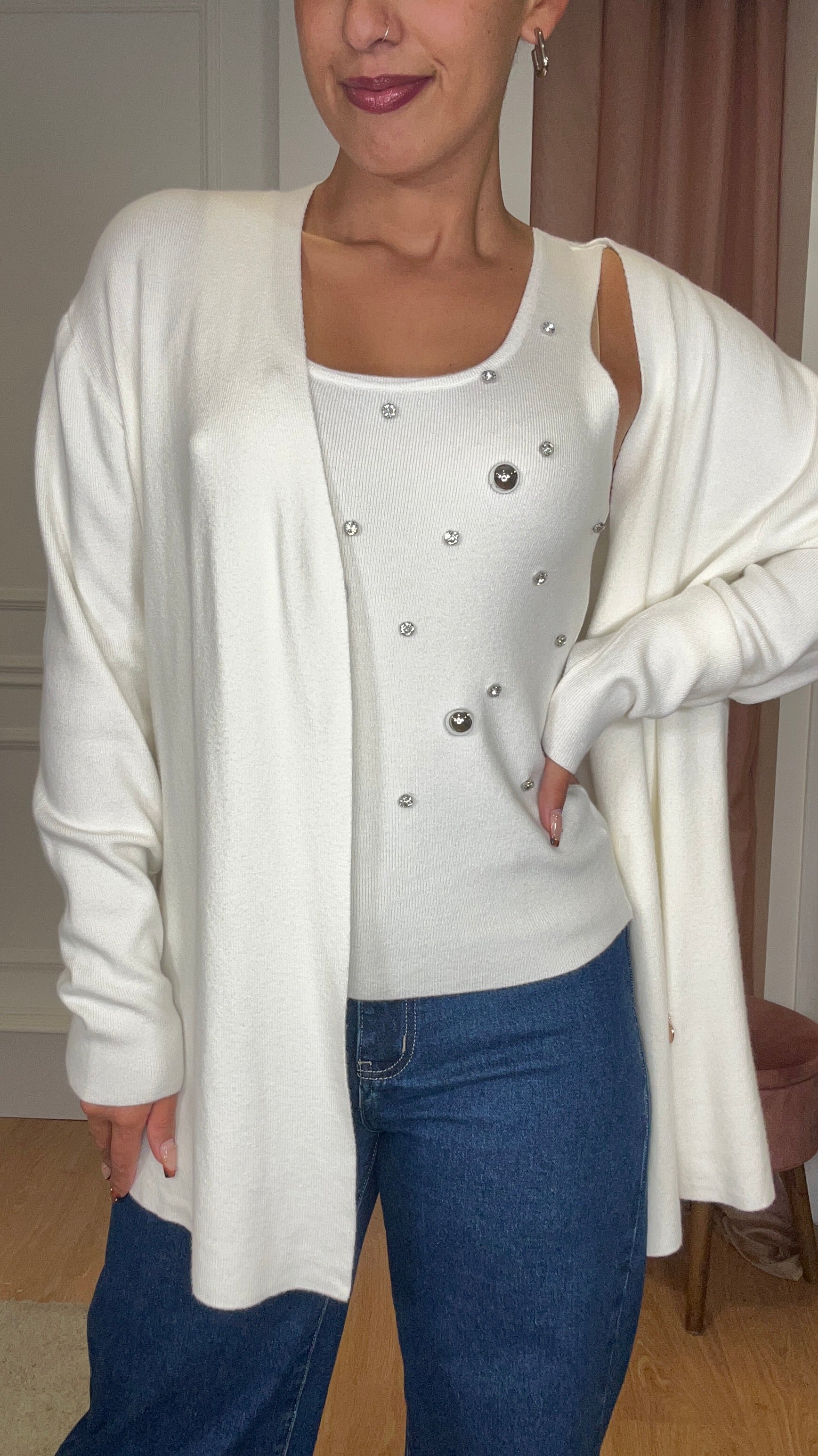 Conjunto Top com brilhos + Casaco Branco