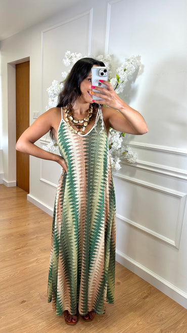 Vestido Zig Zag com fio dourado em Verde
