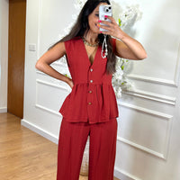 Conjunto Blusa com botoes dourados + Pantalona em Cor Tijolo