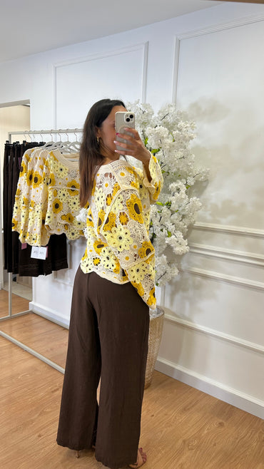 Pantalona tipo linho em Castanho