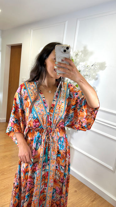 Vestido Indiano Com Manga Estampado Laranja
