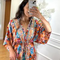 Vestido Indiano Com Manga Estampado Laranja