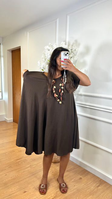 Vestido Midi oversize com folho na manga Castanho
